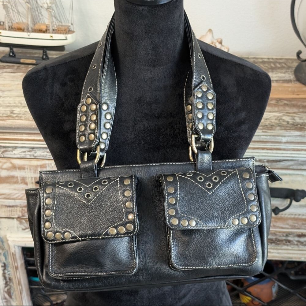 Vintage Esprit Black Studded Leather Shoulder Bag